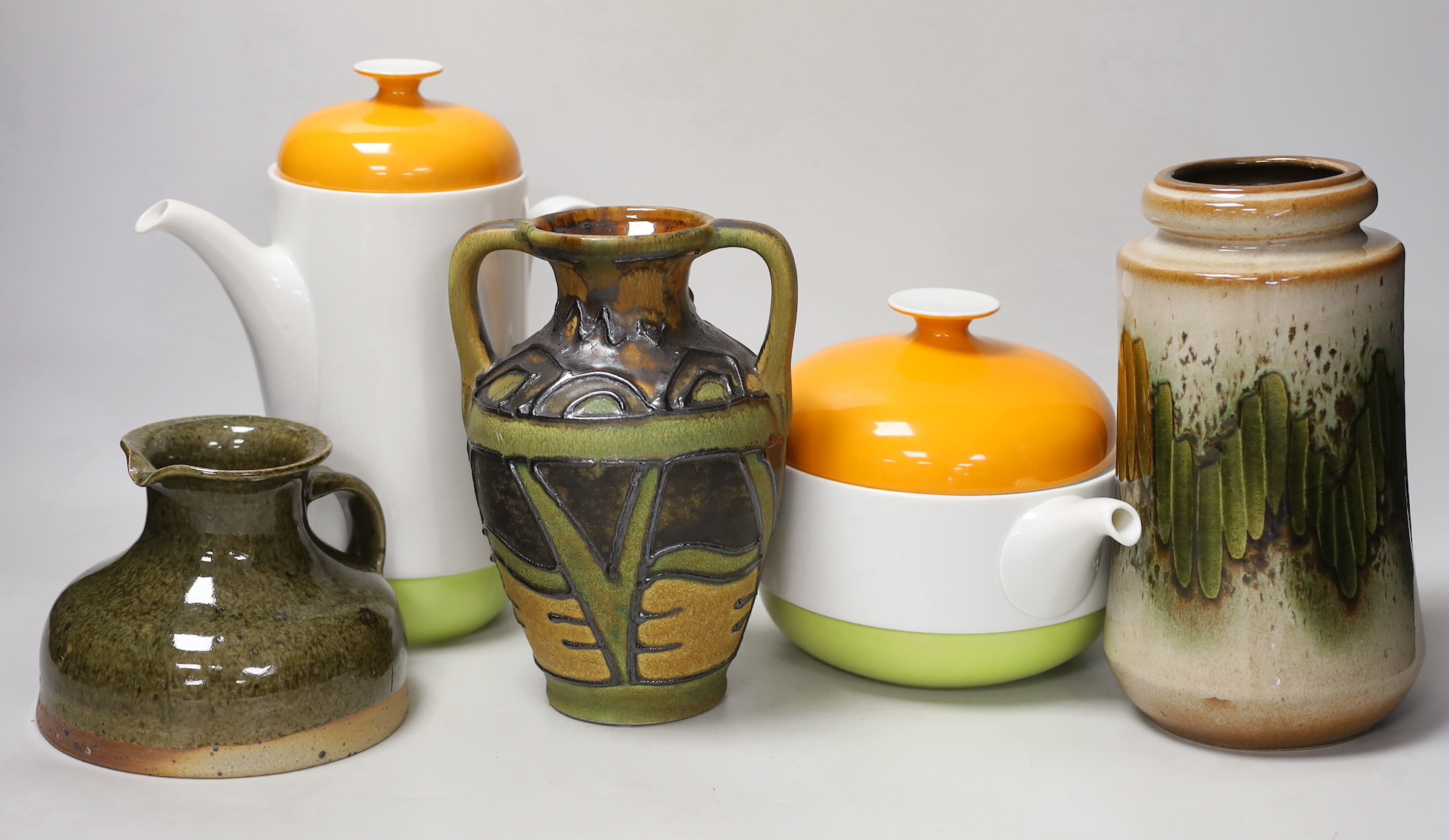 A 1960’s orange, green and white Rosenthal tea and coffee pot and a 'Bay' pottery vase, another and a jug, Rosenthal coffee pot 24cm high